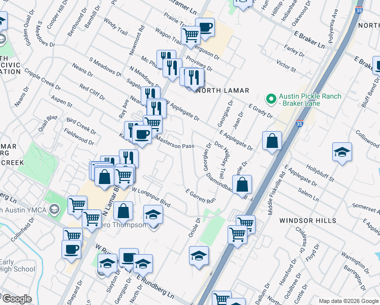 map of restaurants, bars, coffee shops, grocery stores, and more near 10210 Annie Oakley Trail in Austin
