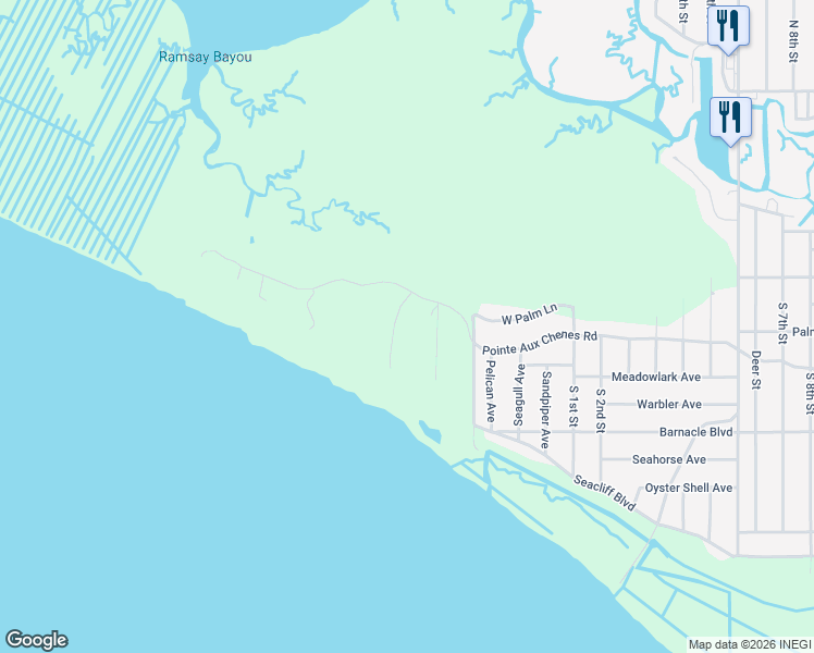 map of restaurants, bars, coffee shops, grocery stores, and more near 9801 Pointe Aux Chenes Road in Ocean Springs