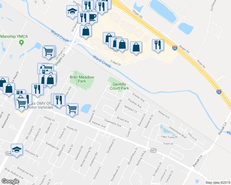 map of restaurants, bars, coffee shops, grocery stores, and more near 13781 Gentilly Court in Baton Rouge