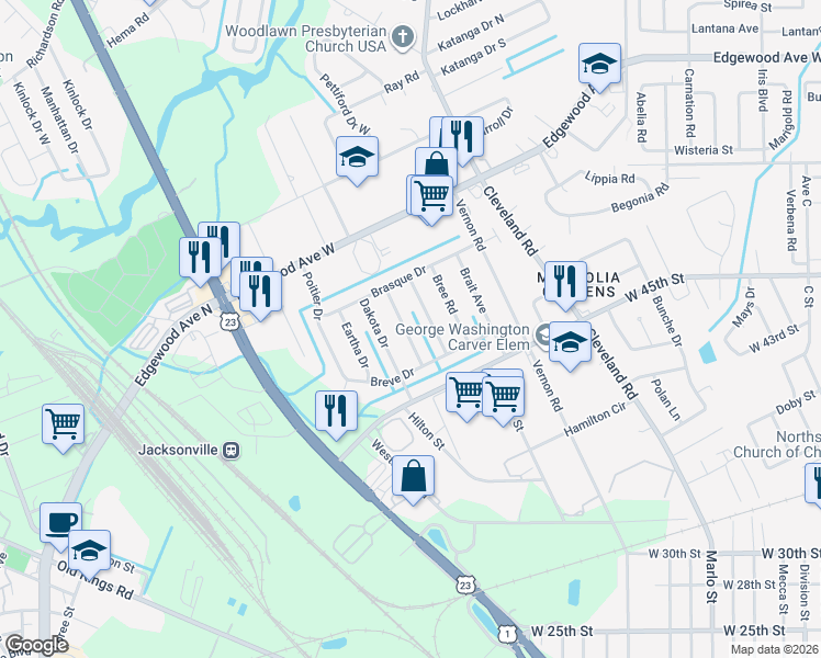 map of restaurants, bars, coffee shops, grocery stores, and more near 5534 Mahalia Drive in Jacksonville