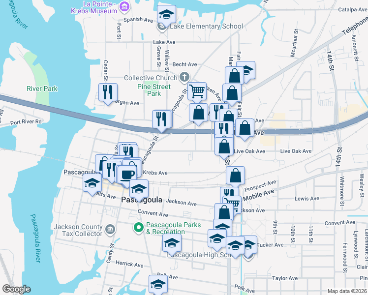 map of restaurants, bars, coffee shops, grocery stores, and more near 1210 Live Oak Avenue in Pascagoula