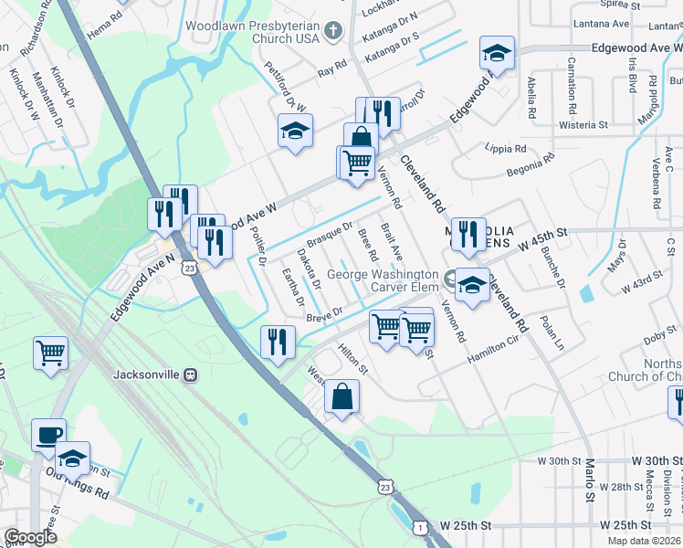 map of restaurants, bars, coffee shops, grocery stores, and more near 5534 Mahalia Drive in Jacksonville