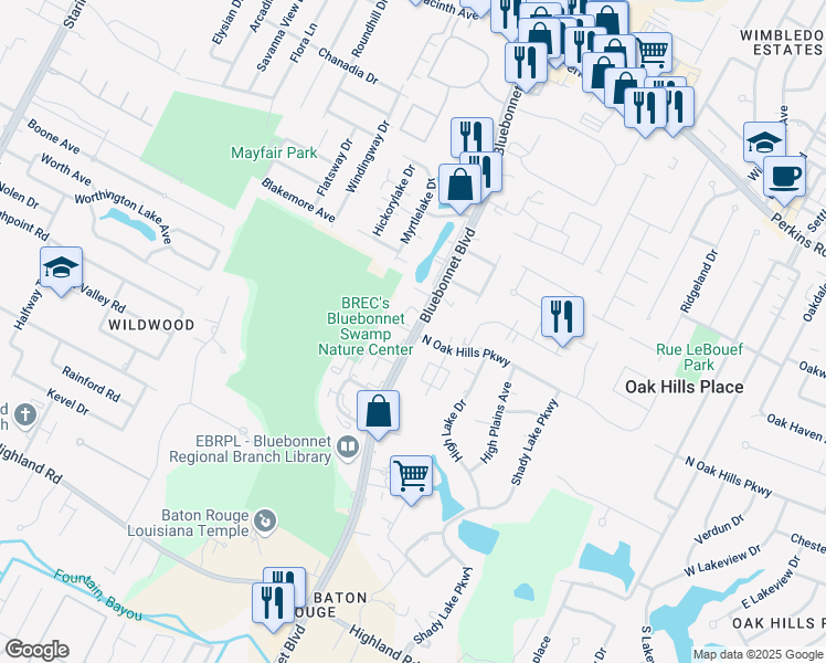 map of restaurants, bars, coffee shops, grocery stores, and more near 8831 Bluebonnet Boulevard in Baton Rouge