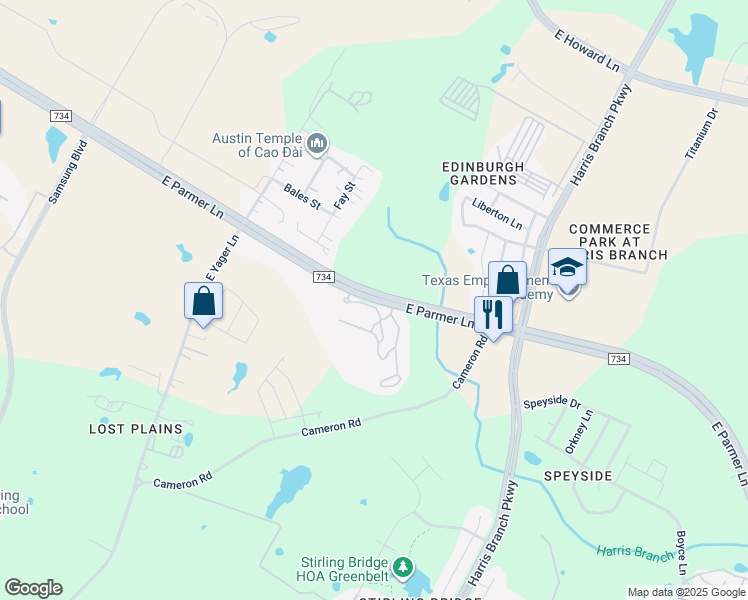 map of restaurants, bars, coffee shops, grocery stores, and more near 5401 East Parmer Lane in Austin