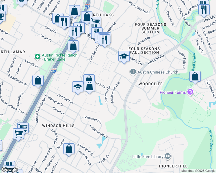 map of restaurants, bars, coffee shops, grocery stores, and more near 10908 Amblewood Way in Austin
