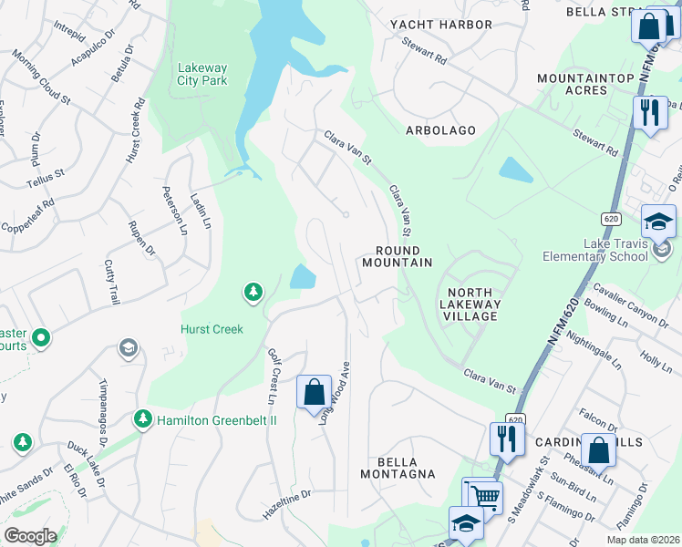 map of restaurants, bars, coffee shops, grocery stores, and more near 106 Carefree Circle in Lakeway
