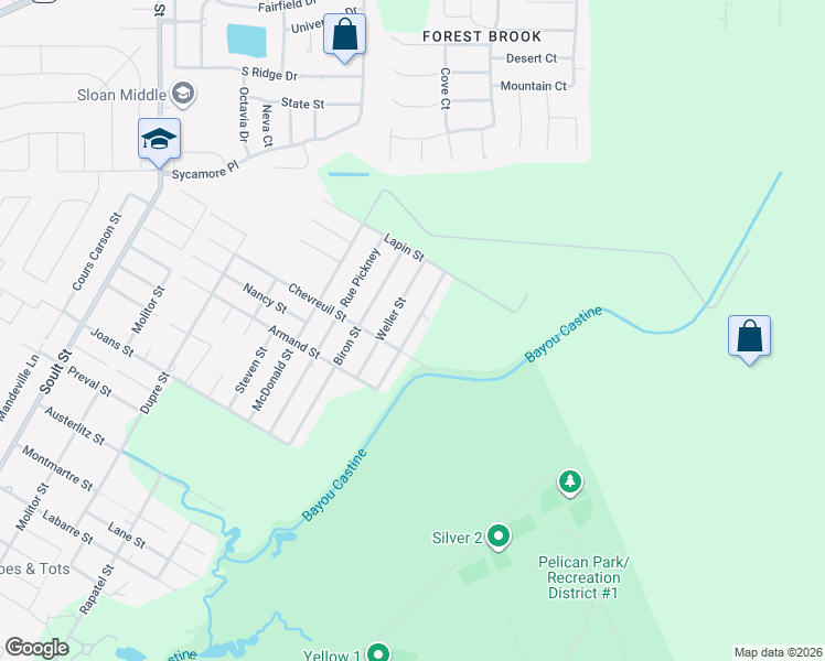 map of restaurants, bars, coffee shops, grocery stores, and more near 2595 Rue Toulander Street in Mandeville
