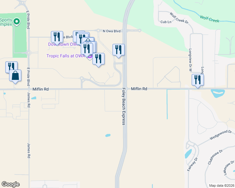 map of restaurants, bars, coffee shops, grocery stores, and more near in Foley