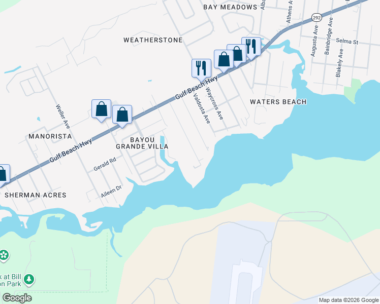 map of restaurants, bars, coffee shops, grocery stores, and more near 2529 Gulf Breeze Avenue in Pensacola