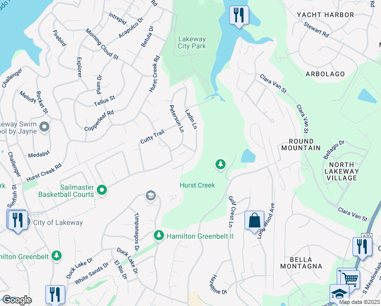 map of restaurants, bars, coffee shops, grocery stores, and more near 520 Ladin Lane in Lakeway