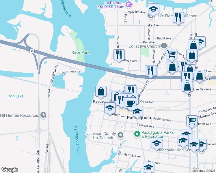 map of restaurants, bars, coffee shops, grocery stores, and more near 3603 Frederic Street in Pascagoula