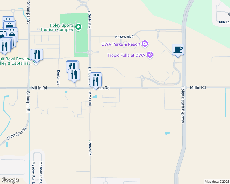map of restaurants, bars, coffee shops, grocery stores, and more near 21001-21413 Miflin Road in Foley