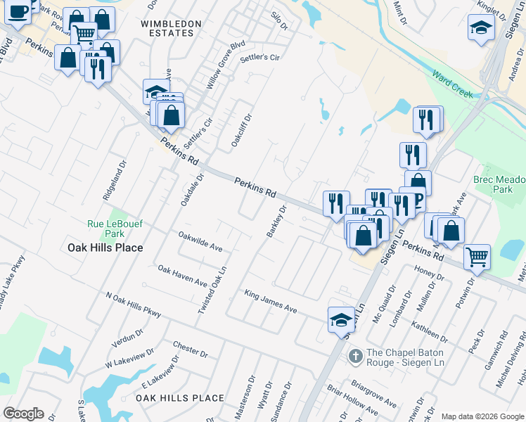 map of restaurants, bars, coffee shops, grocery stores, and more near 920 East Tom Stokes Court in Baton Rouge