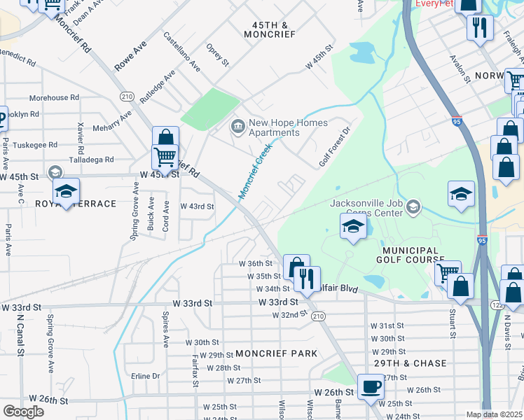 map of restaurants, bars, coffee shops, grocery stores, and more near 4829 Moncrief Road in Jacksonville