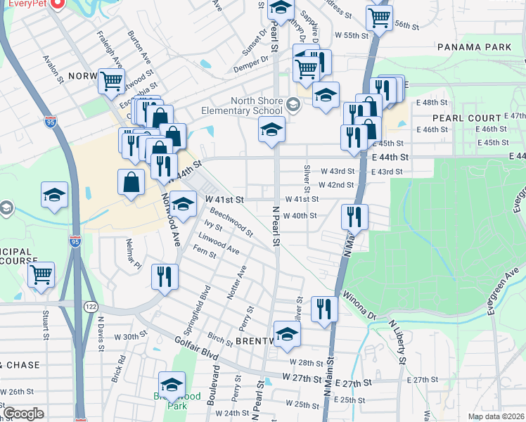 map of restaurants, bars, coffee shops, grocery stores, and more near 305 West 41st Street in Jacksonville