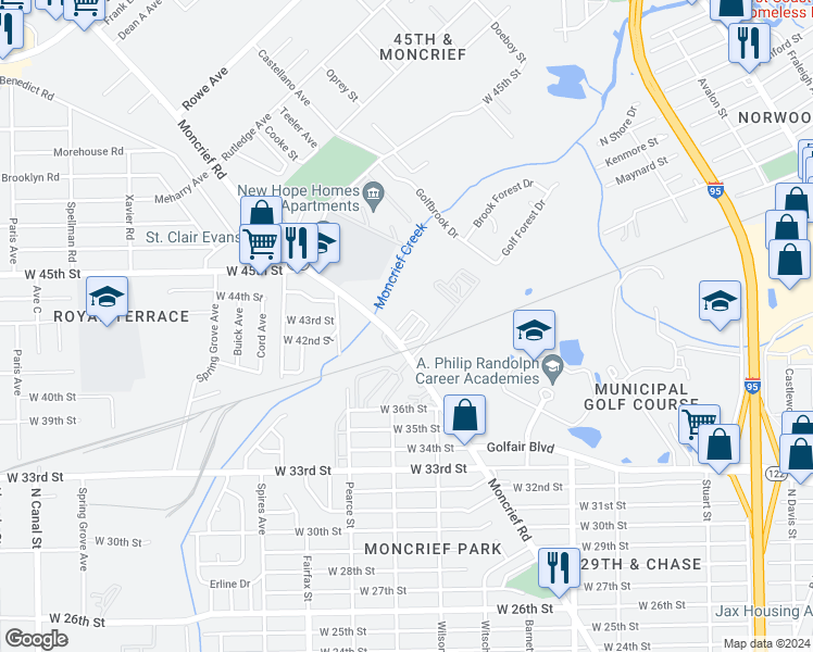 map of restaurants, bars, coffee shops, grocery stores, and more near 4829 Moncrief Road in Jacksonville