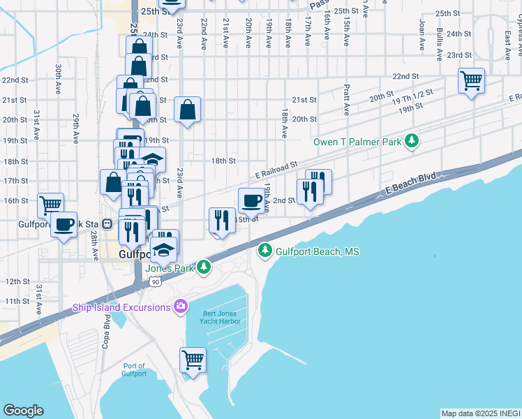 map of restaurants, bars, coffee shops, grocery stores, and more near 1601 19th Avenue in Gulfport