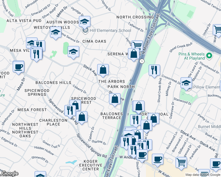 map of restaurants, bars, coffee shops, grocery stores, and more near 8222 Bent Tree Road in Austin
