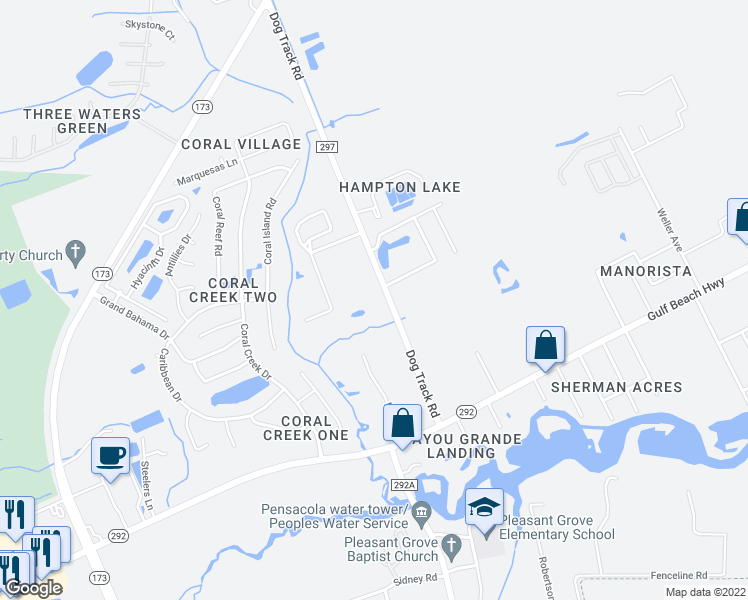 map of restaurants, bars, coffee shops, grocery stores, and more near 2200 Dog Track Road in Pensacola