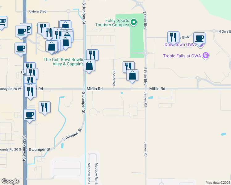 map of restaurants, bars, coffee shops, grocery stores, and more near 20750 Miflin Road in Foley