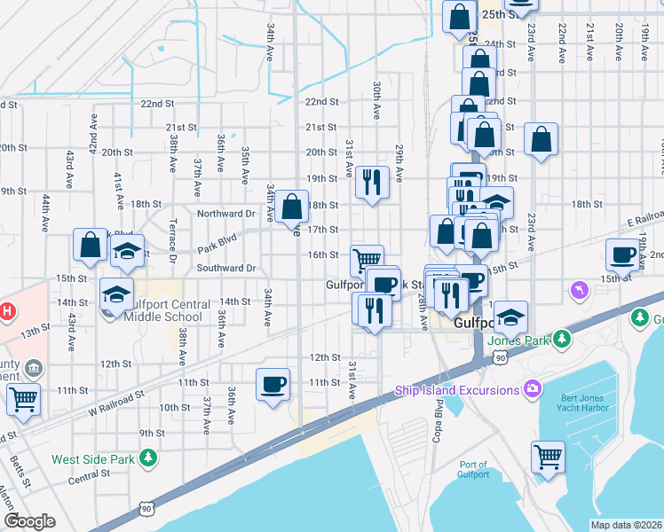 map of restaurants, bars, coffee shops, grocery stores, and more near 1600 32nd Avenue in Gulfport