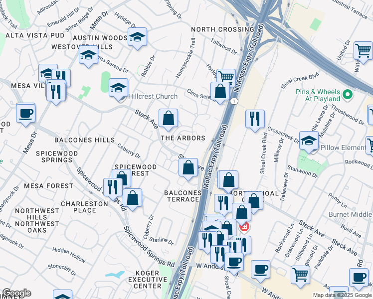 map of restaurants, bars, coffee shops, grocery stores, and more near 8222 Bent Tree Road in Austin