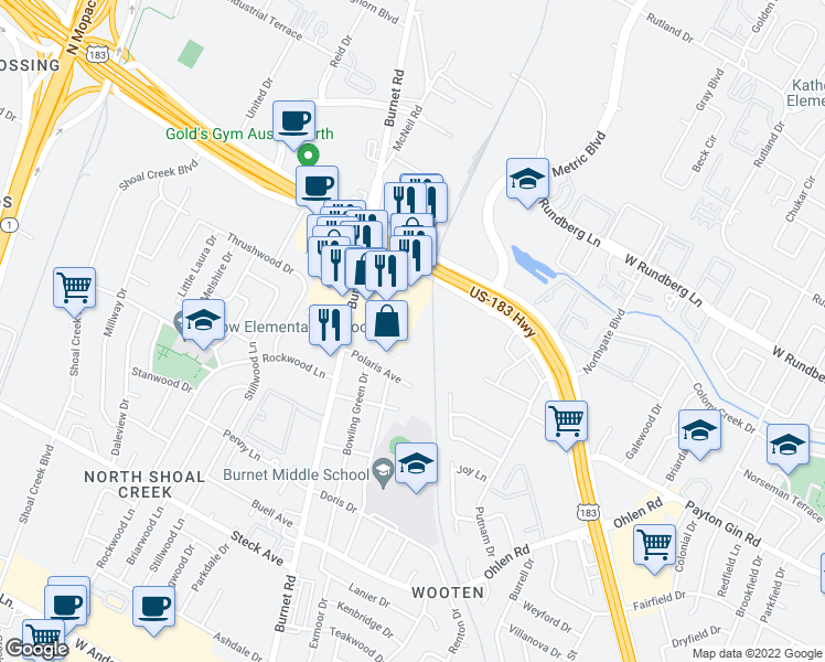map of restaurants, bars, coffee shops, grocery stores, and more near 8956 Research Blvd in Austin