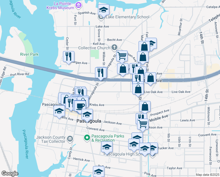 map of restaurants, bars, coffee shops, grocery stores, and more near 1012 Denny Ave in Pascagoula