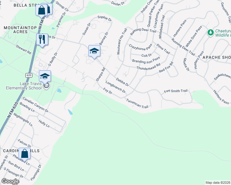 map of restaurants, bars, coffee shops, grocery stores, and more near 14805 Longbranch Drive in Austin
