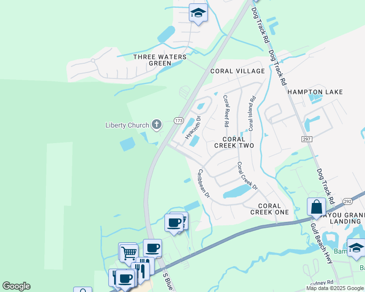 map of restaurants, bars, coffee shops, grocery stores, and more near 136 Tiger Lily Drive in Pensacola
