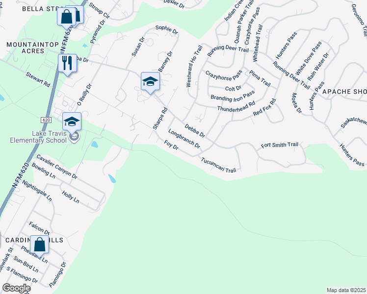 map of restaurants, bars, coffee shops, grocery stores, and more near 14708 Foy Drive in Austin
