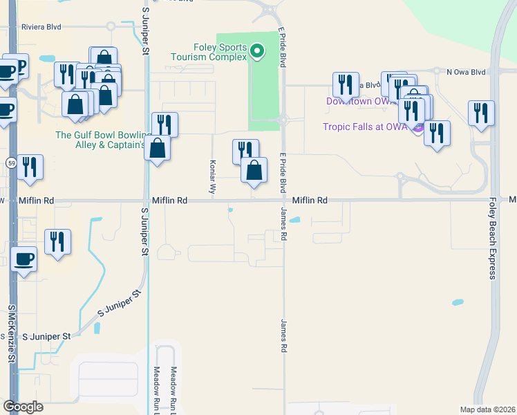 map of restaurants, bars, coffee shops, grocery stores, and more near 20868 Miflin Road in Foley