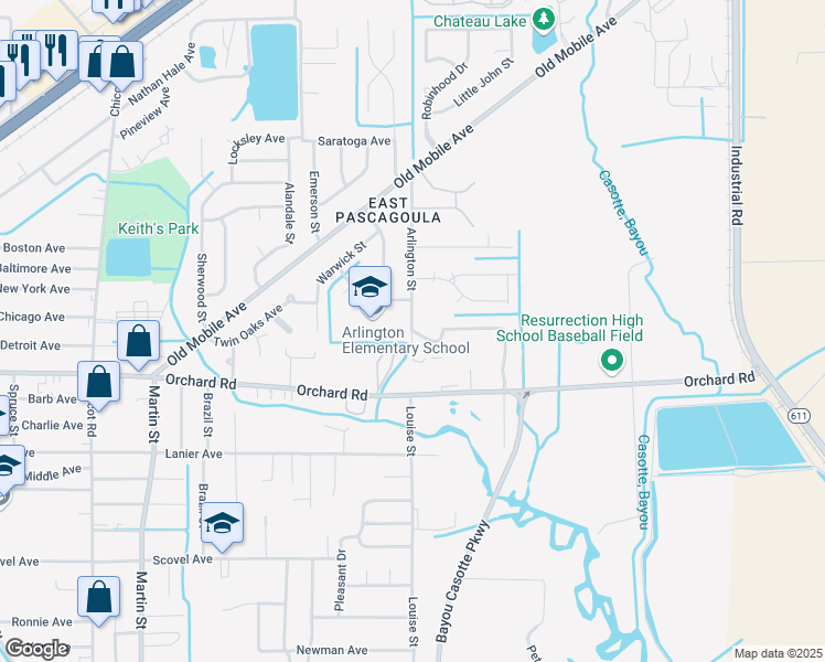 map of restaurants, bars, coffee shops, grocery stores, and more near 3511 Arlington Street in Pascagoula