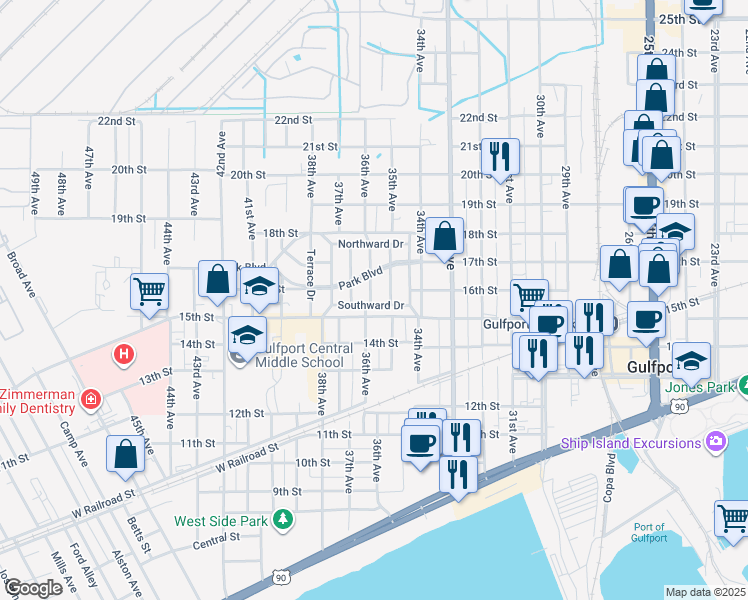 map of restaurants, bars, coffee shops, grocery stores, and more near 1609 Fern Ave in Gulfport