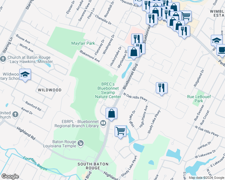 map of restaurants, bars, coffee shops, grocery stores, and more near 10503 North Oak Hills Parkway in Baton Rouge