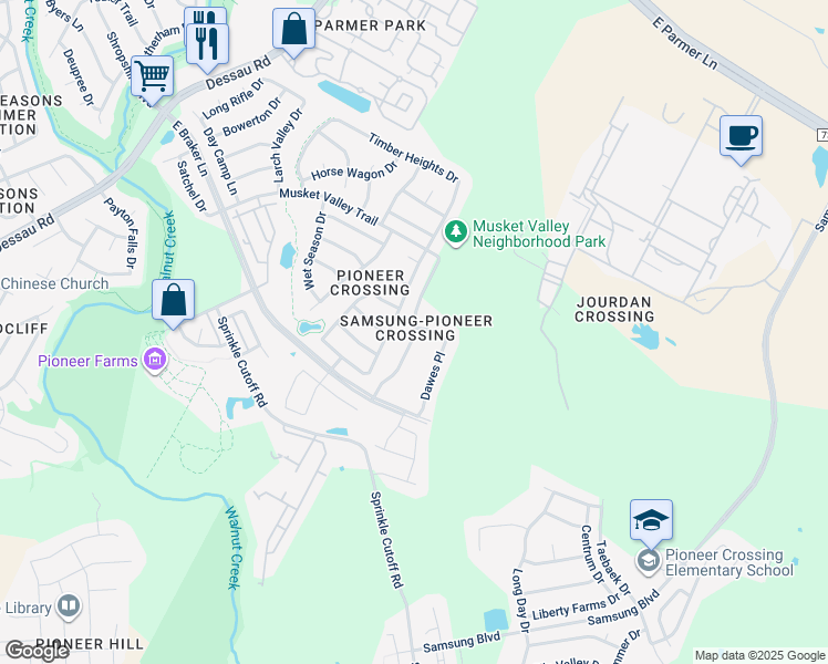 map of restaurants, bars, coffee shops, grocery stores, and more near 2404 Biddle Way in Austin