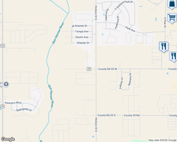 map of restaurants, bars, coffee shops, grocery stores, and more near 18885 County Road 20 in Foley