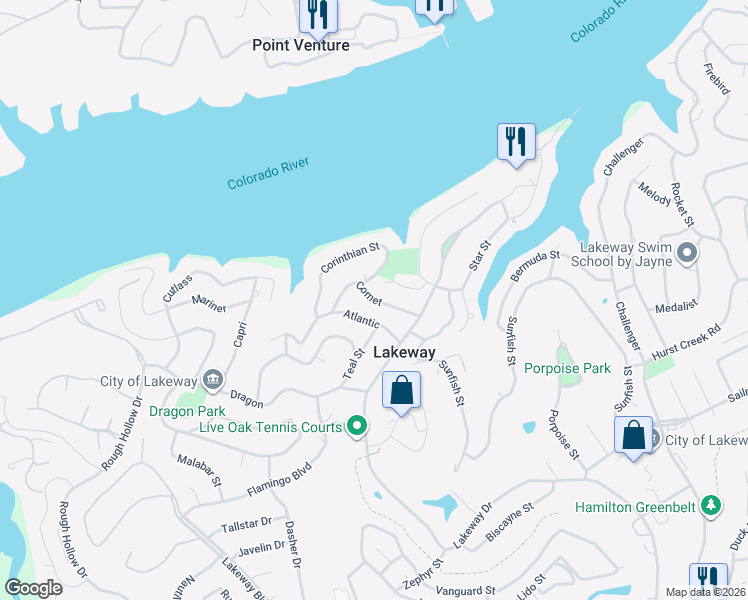 map of restaurants, bars, coffee shops, grocery stores, and more near 105 Comet in Lakeway