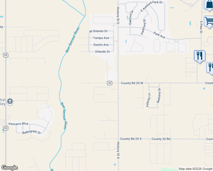 map of restaurants, bars, coffee shops, grocery stores, and more near 18885 County Road 20 in Foley