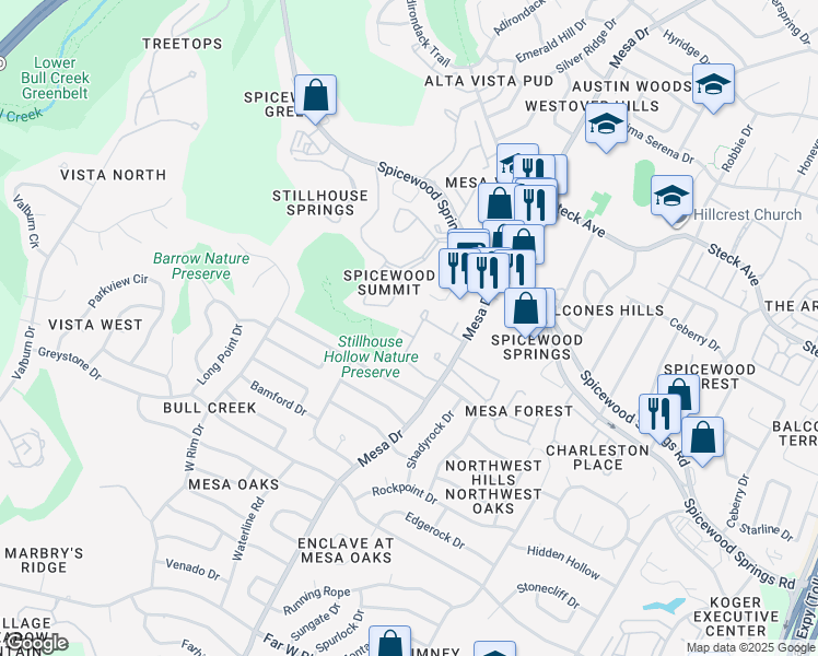 map of restaurants, bars, coffee shops, grocery stores, and more near 4106 Ridgeline Trail in Austin