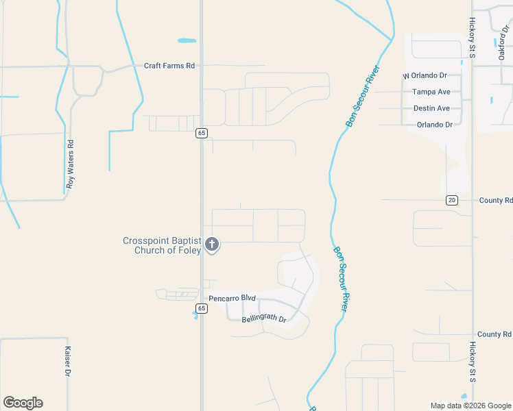 map of restaurants, bars, coffee shops, grocery stores, and more near 133 Hayward Loop in Foley