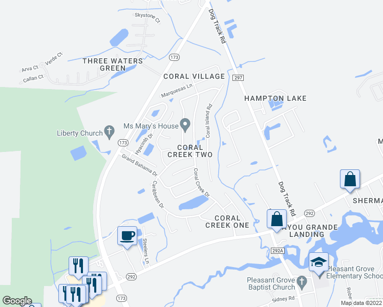 map of restaurants, bars, coffee shops, grocery stores, and more near 2107 Coral Creek Drive in Pensacola
