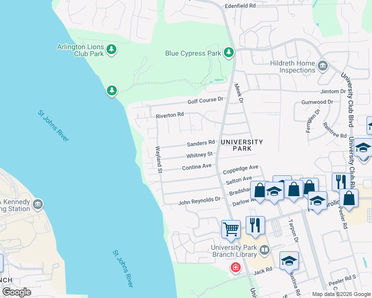 map of restaurants, bars, coffee shops, grocery stores, and more near 5413 Sanders Road in Jacksonville
