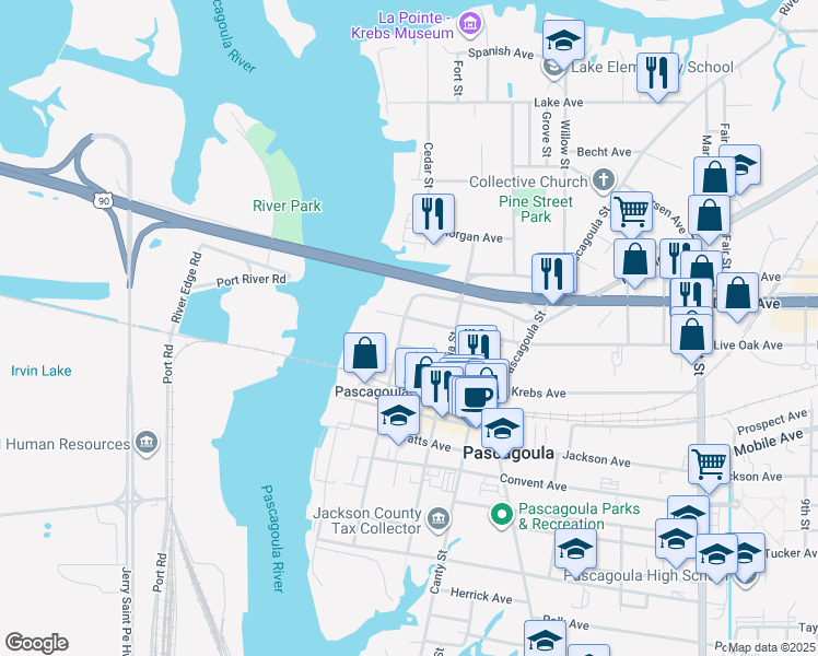 map of restaurants, bars, coffee shops, grocery stores, and more near in Pascagoula