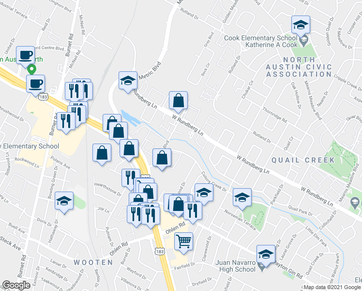 map of restaurants, bars, coffee shops, grocery stores, and more near 9117 Northgate Boulevard in Austin