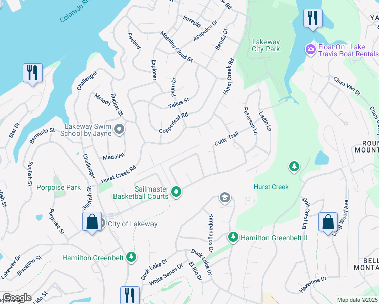map of restaurants, bars, coffee shops, grocery stores, and more near 220 Hurst Creek Road in Lakeway