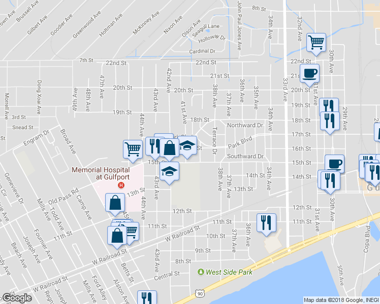 map of restaurants, bars, coffee shops, grocery stores, and more near 3900 16th Street in Gulfport