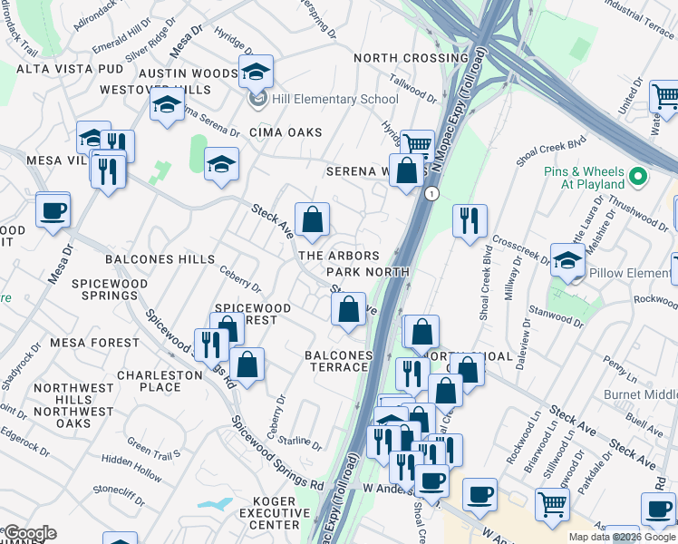 map of restaurants, bars, coffee shops, grocery stores, and more near 8222 Bent Tree Road in Austin