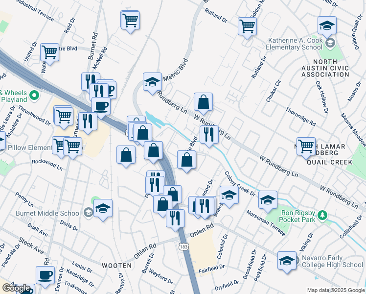 map of restaurants, bars, coffee shops, grocery stores, and more near 9024 Northgate Boulevard in Austin