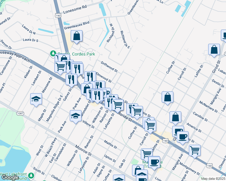 map of restaurants, bars, coffee shops, grocery stores, and more near 100 Oakwood Drive in Mandeville
